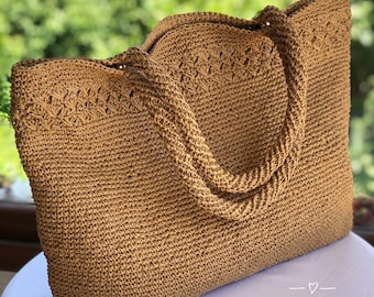 Crochet Raffia Tote Bag, Summer Straw Beach Woven Shoulder Bag, Boho XXLARGE Bag