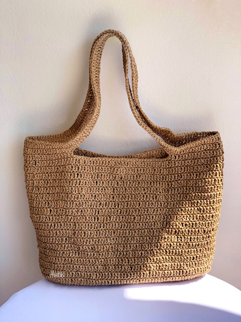 Crochet Raffia Tote Bag, Summer Straw Shopping Bag For Women, Straw Beach Shoulder Bag image 2