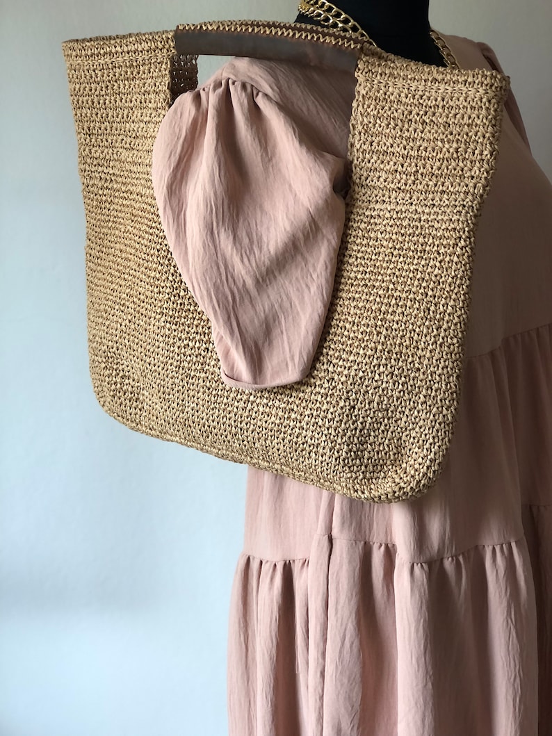 Crochet Raffia Tote Bag, Summer Shopper Bag For Women, Straw Beach Tote Bag, Crochet Market Bag image 6