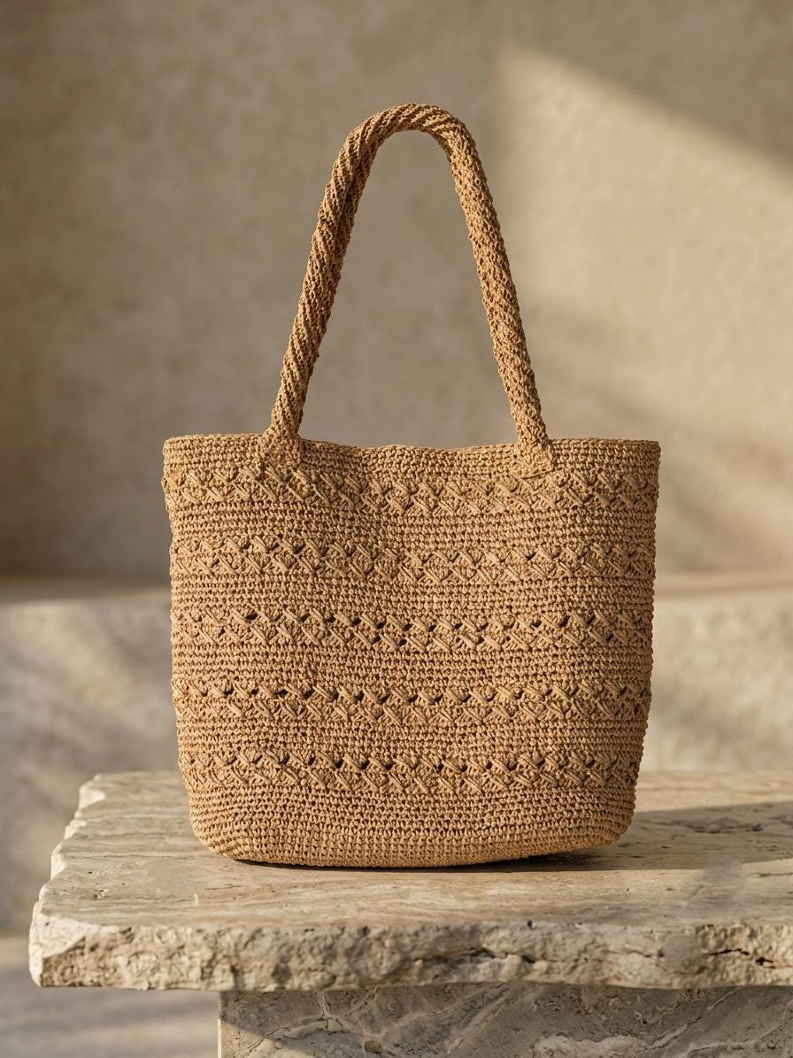 n*3様 anuke Raffia Tote Bag ベージュ Handmade Crochet Raffia Tote Bag: Beige Woven Beach Shoulder Bag