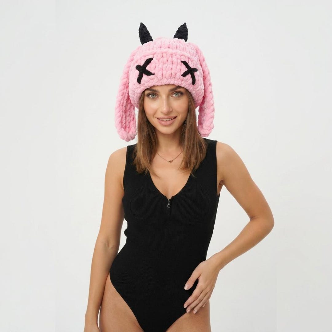 Bunny Beanie With Ears, Knitted Bunny Beanie, Devil Bunny Beanie
