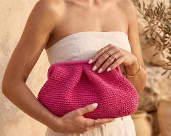 Small Raffia Fuchsia Pouch Clutch Bag For Women, Straw Knitted Raffia Bag, Woven Summer Dumpling Bag