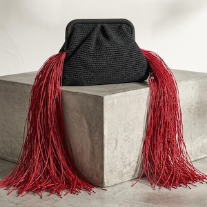 May include: A black woven clutch with a rounded top and a long, flowing red fringe on each side. The clutch is sitting on a gray concrete block, creating a striking contrast between the colors and textures.