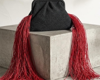 Crochet Summer Raffia Clutch Bag, Raffia Fringed Clutch Bag, Fringed Wedding Hand Bag