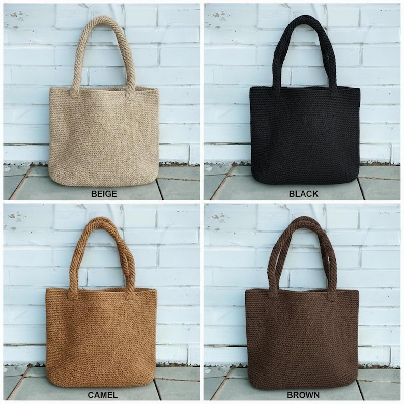 May include: A collection of four tote bags in beige, black, camel, and brown. Each bag features a textured woven exterior, a rectangular body, and two thick, braided rope-style handles attached at the top. The text labels beige, black, camel, and brown are printed below each respective bag.