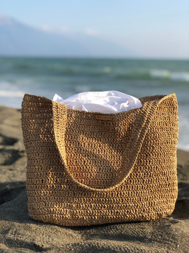 Crochet Raffia Tote Bag, Summer Straw Shopping Bag For Women, Straw Beach Shoulder Bag Camel