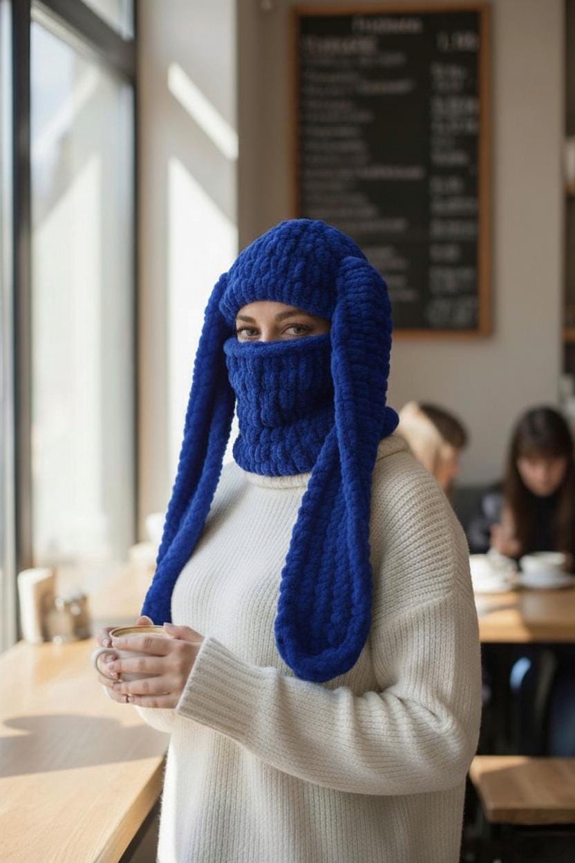 Handmade Bunny Balaclava Mask, Ski Mask, Knitted Rabbit Ears