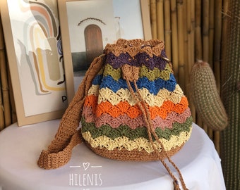 Colorful Crochet Raffia Bucket Bag, Handmade Boho Woven Bag For Women, Straw Drawstring Crossbody Bag