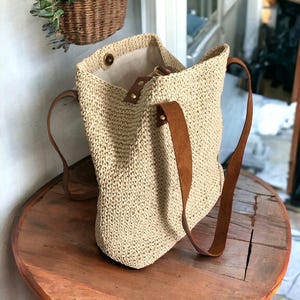 Bolso tote de cuero para verano, bolso de playa de paja, bolso tote de rafia beige de crochet