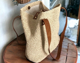 Summer Leather City Tote Bag, Straw Beach Shoulder Bag, Crochet Beige Raffia Tote Bag