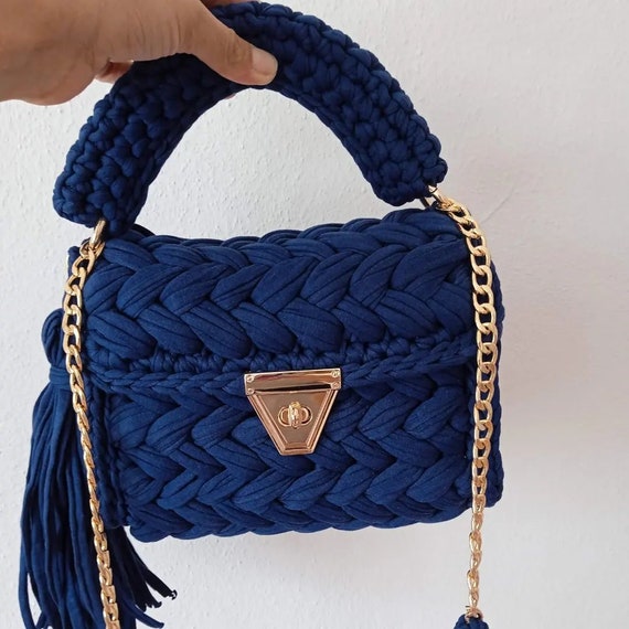 Multi Color Bag Crochet Dark Blue Designer Bag Knitted Colorful