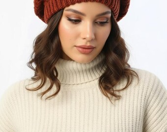 Wool French Beret, Winter Brown Hat, Beanie for Women  display picture 3