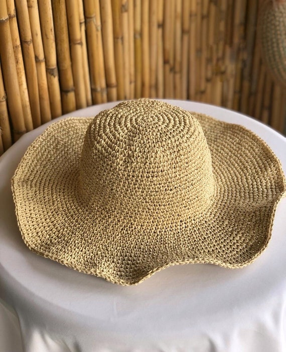 Handmade Vintage Crochet Raffia Hat, Straw Floppy Hat, Bow
