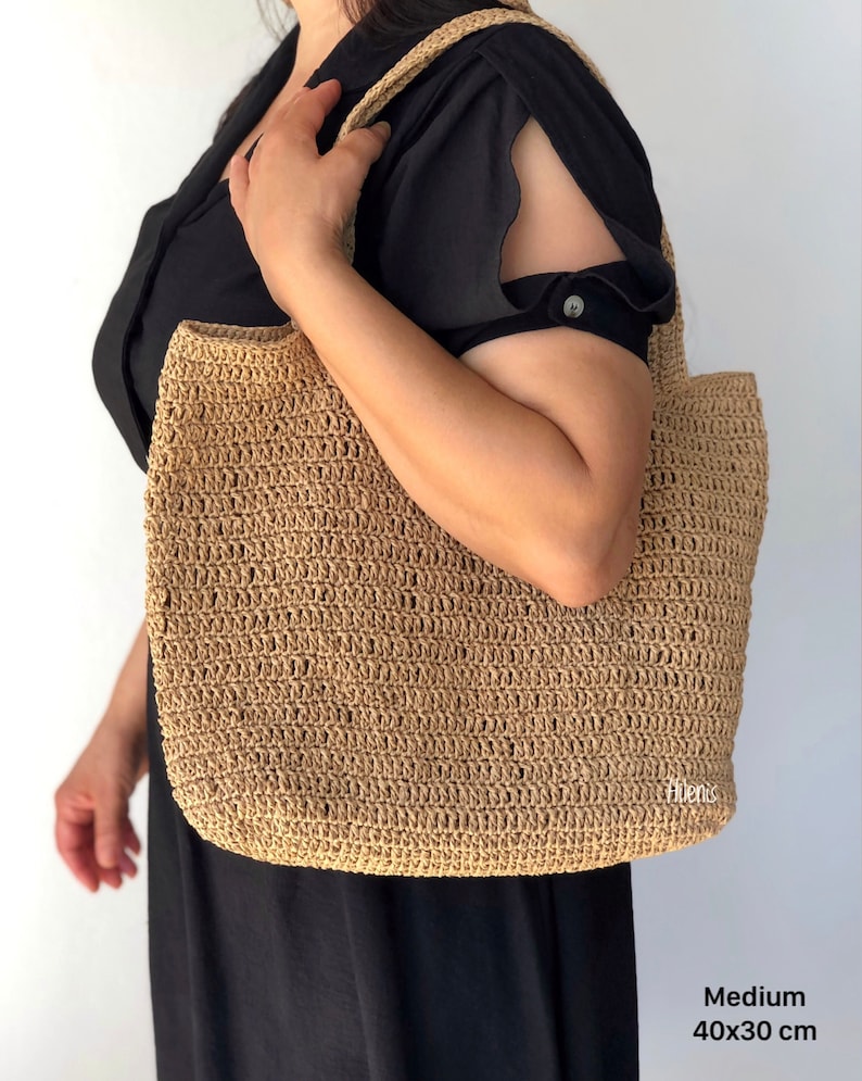 Crochet Raffia Tote Bag, Summer Straw Shopping Bag For Women, Straw Beach Shoulder Bag image 4