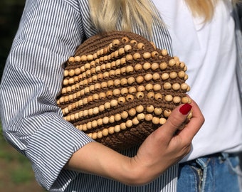 Brown Raffia Beaded Clutch Bag For Women, Straw Beach Clutch Bag, Pouch Clutch Bag With Hidden Metal Locked