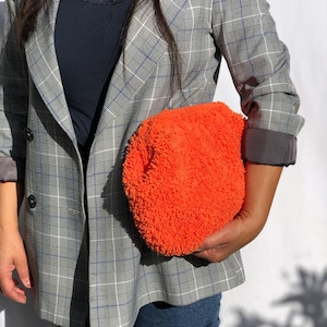Orange Handmade Dumpling Bag, Crochet Teddy Pouch Clutch Bag, Orange Teddy Clutch Bag