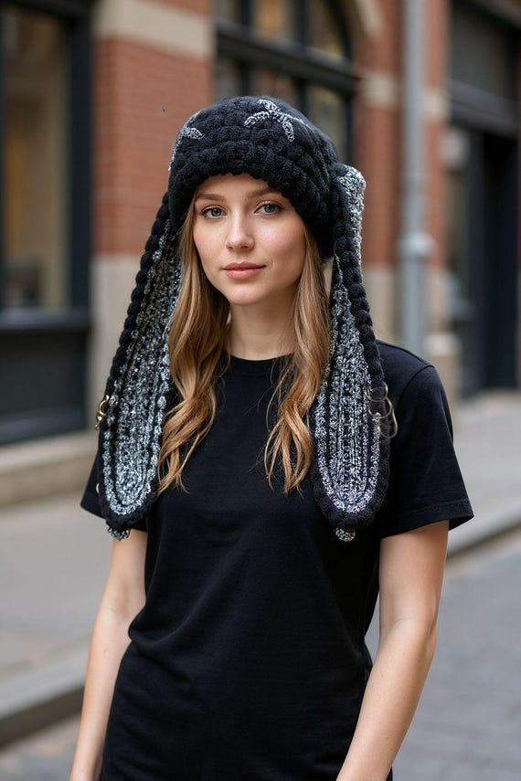 Knitted Slouchy Beanie Hat with Cute Bunny Ears, Crochet Winter Warm Hat for Bunny Ear Crochet Beanie- Accessories | Tanijay Crochet  main image 4