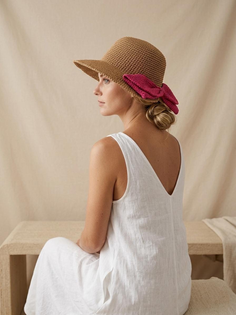 Handmade Crochet Raffia Hat, Straw Floppy Hat, Bow Hat  display picture 1