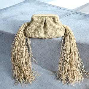 Beige Sommer Raffia Clutch Bag, Stroh Fransen Clutch Bag, Häkeln Hochzeit Handtasche