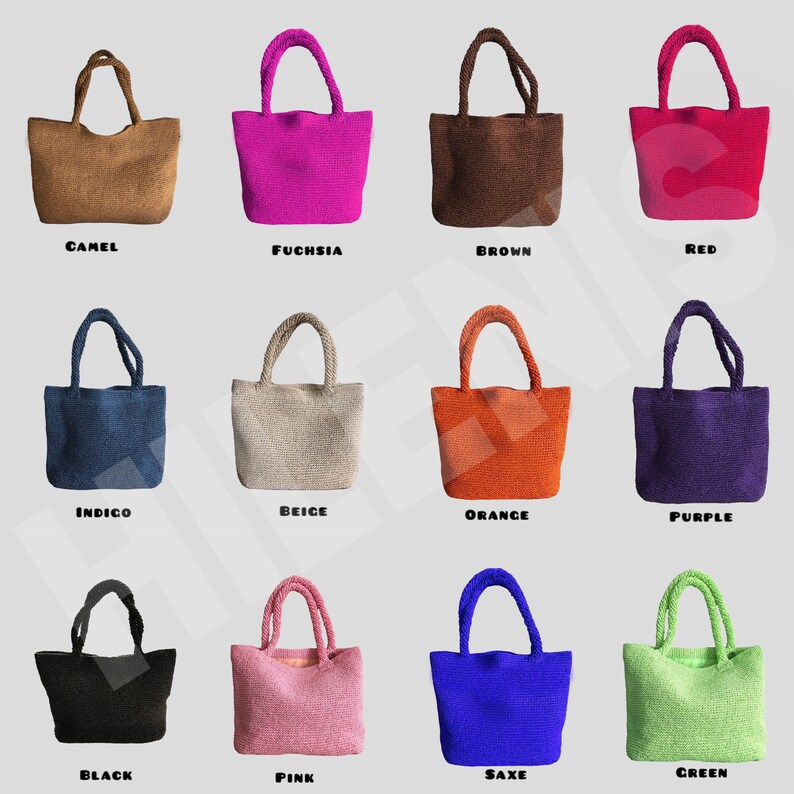 May include: A collection of twelve woven tote bags in various colors including camel, fuchsia, brown, red, indigo, beige, orange, purple, black, pink, saxe blue, and green. Each bag features two top handles and a textured, knit-like surface.