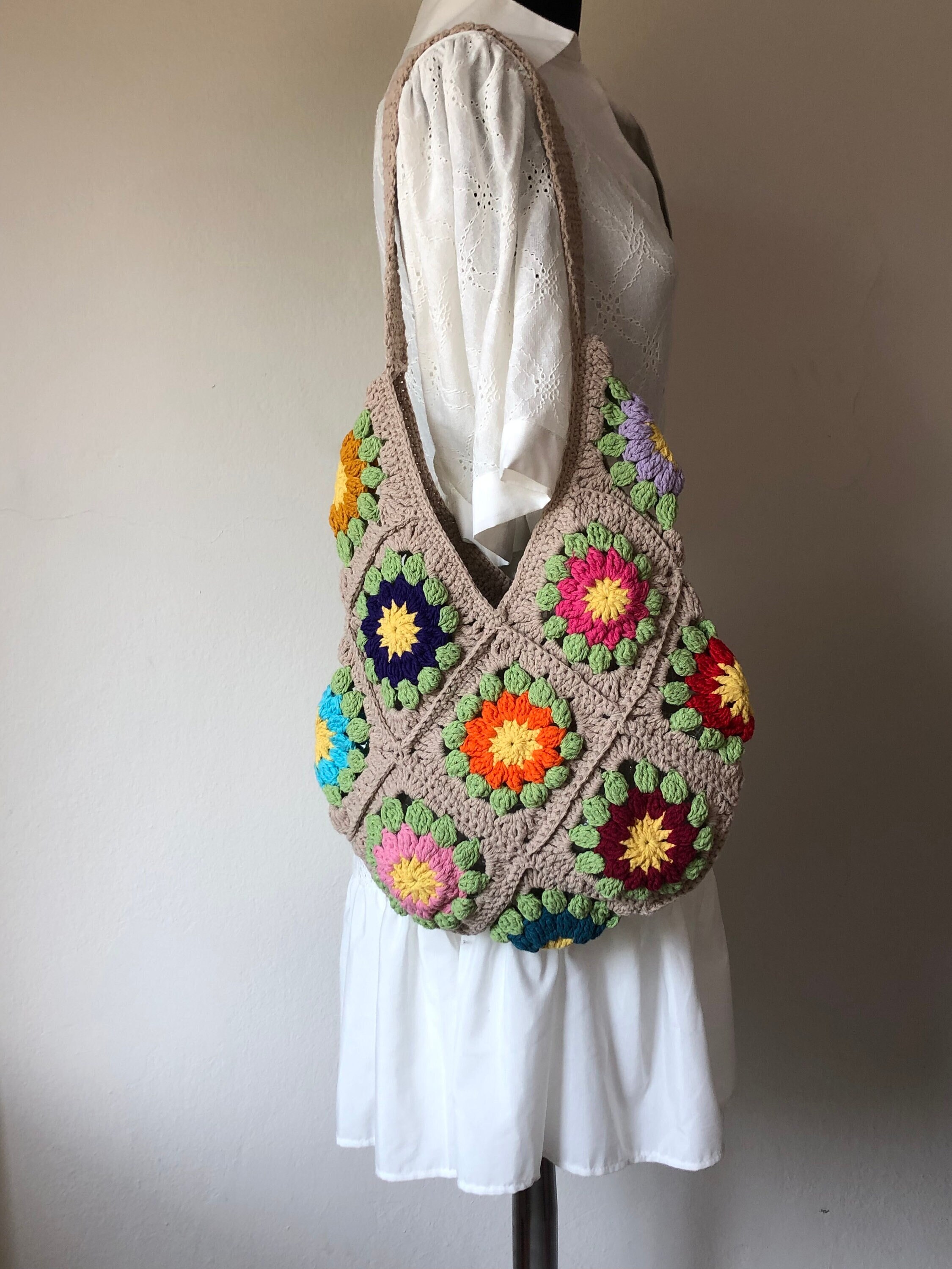 Bohemian Floral Granny Square Handmade Crochet Knit Shoulder Bag