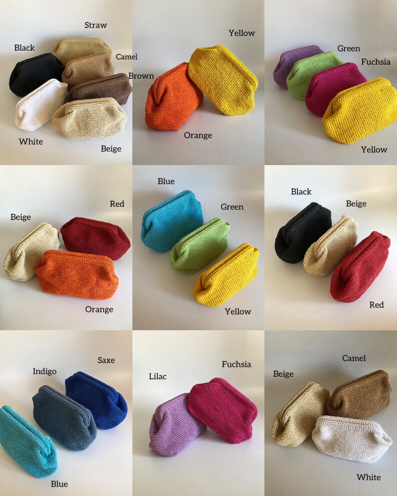 May include: A collection of small, rectangular, crocheted pouches in various solid colors including black, white, beige, brown, orange, yellow, green, fuchsia, red, blue, indigo, saxe, lilac, and camel, each labeled with its respective color name.