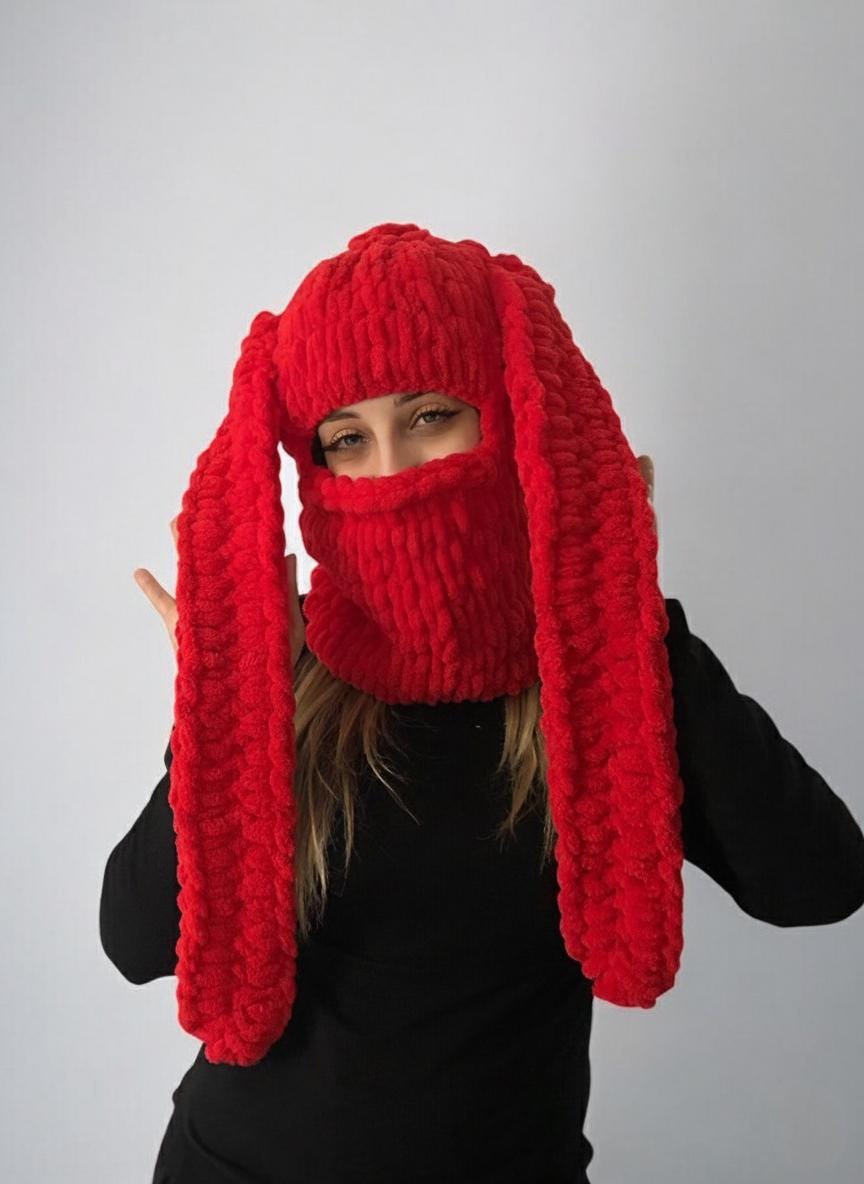 Handmade Bunny Balaclava Mask, Ski Mask, Knitted Rabbit Ears