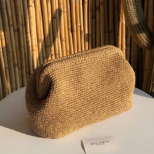 Crochet Raffia Clutch Bag, Woven Natural Summer Handbag, Knitted Straw Raffia Pouch Clutch Bag