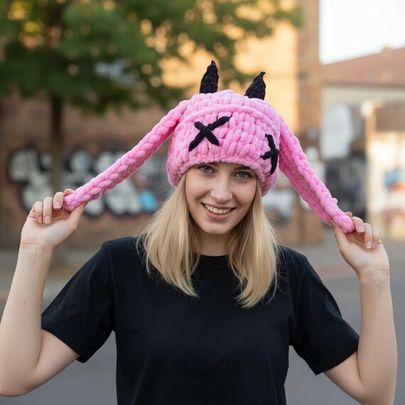 Bunny Beanie With Ears, Knitted Bunny Beanie, Devil Bunny Beanie