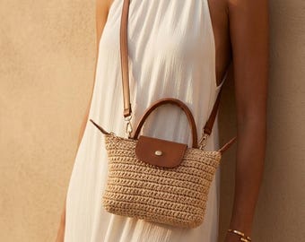 Beige Raffia Mini Crossbody Bag, Summer Leather Crossbody Bag For Women, Small Straw Top Handle Bag