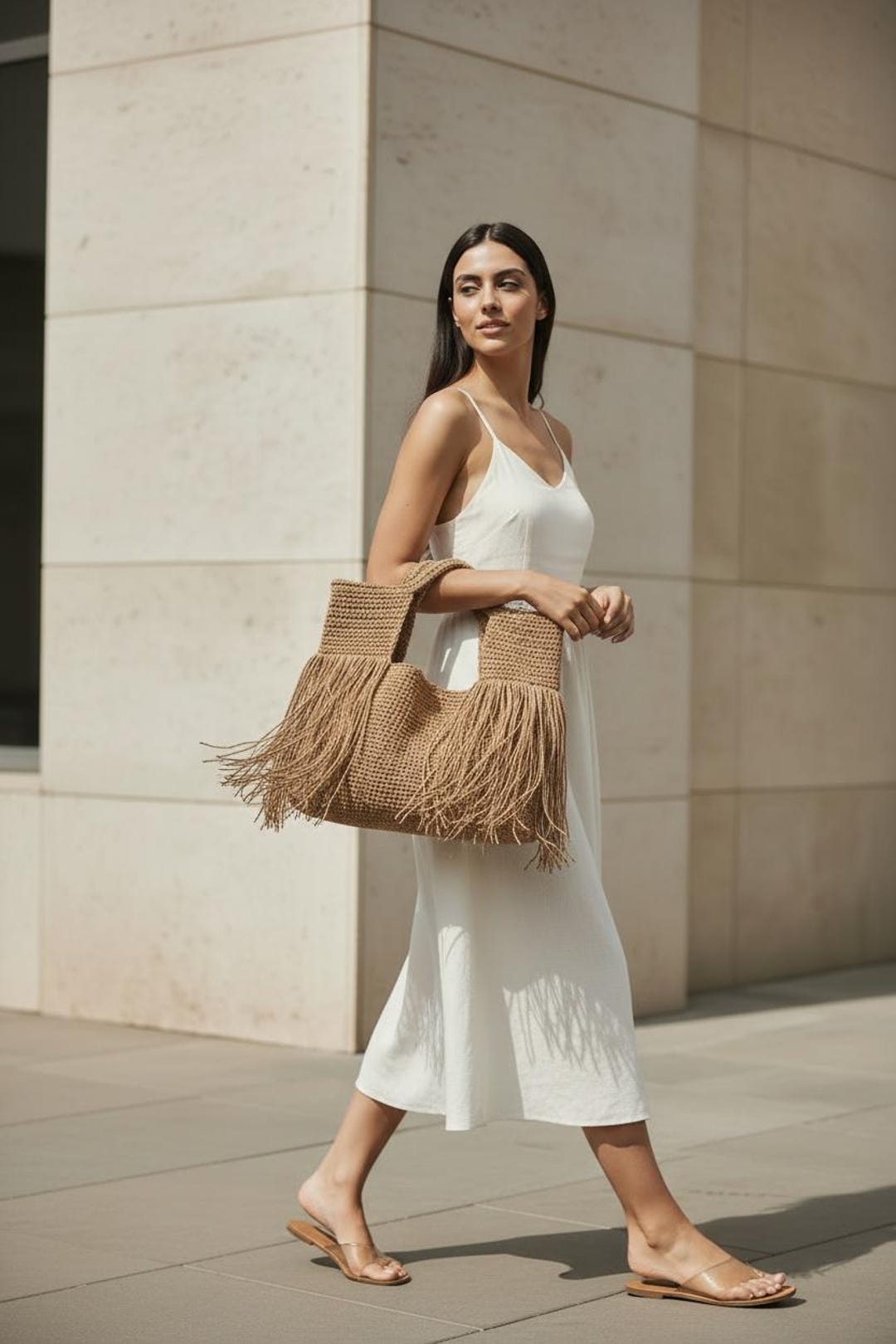 Summer Raffia Tote Bag for Women, Straw Fringed Shopper Bag