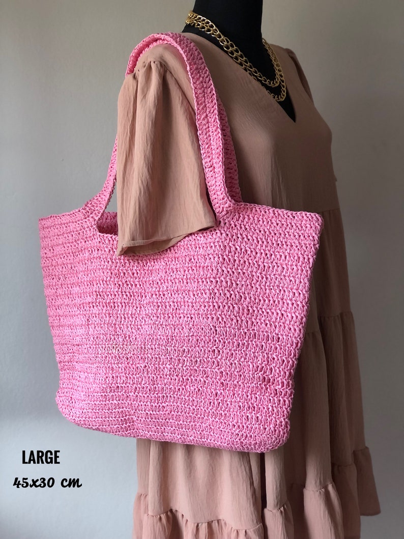 Crochet Raffia Tote Bag, Summer Straw Shopping Bag For Women, Straw Beach Shoulder Bag Pink