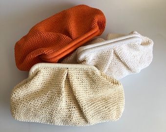 Knitted Pouch Clutch Bag, Raffia Cream Clutch Bag For Women, Natural Summer Handbag, Handmade Gift