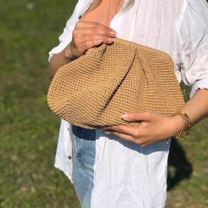 Häkeln Beutel Clutch Tasche, Handgemachte Raffia Clutch Tasche, Handgemachte Stroh Sommertasche, Clutch Tasche, Hochzeit Party Knödel Clutch, Raffia Wolke Tasche Camel