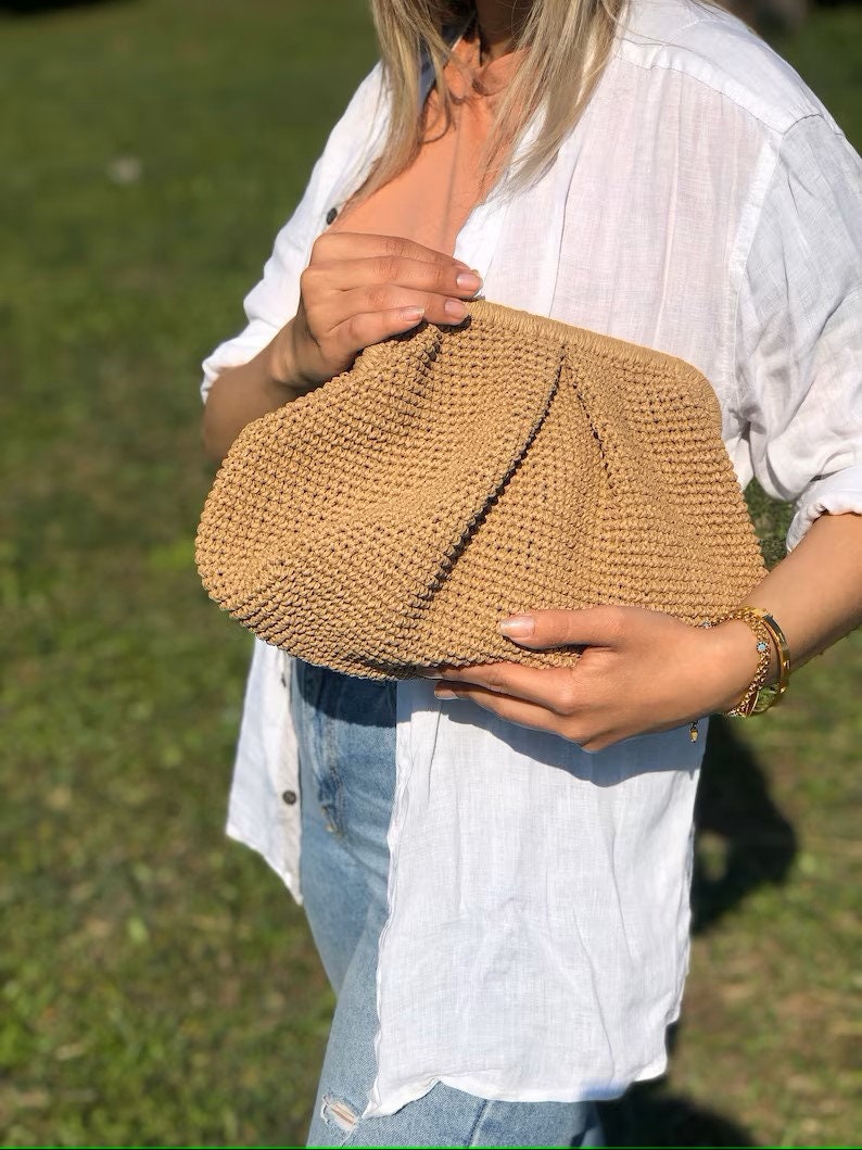 Häkeln Beutel Clutch Tasche, Handgemachte Raffia Clutch Tasche, Handgemachte Stroh Sommertasche, Clutch Tasche, Hochzeit Party Knödel Clutch, Raffia Wolke Tasche Camel