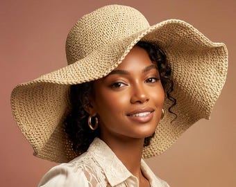 Handmade Crochet Raffia Floppy Hat: Vintage Woven Beach Sun Hat