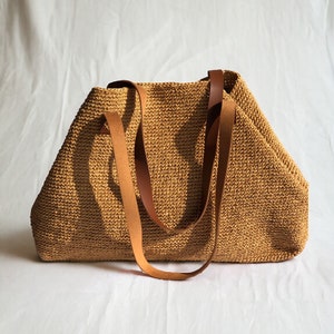 Summer Leather Tote Bag For Women, Straw Beach Shoulder Bag, Crochet Raffia Tote Bag