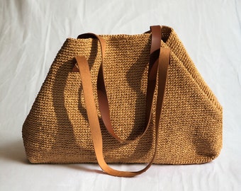 Summer Leather Tote Bag For Women, Straw Beach Shoulder Bag, Crochet Raffia Tote Bag