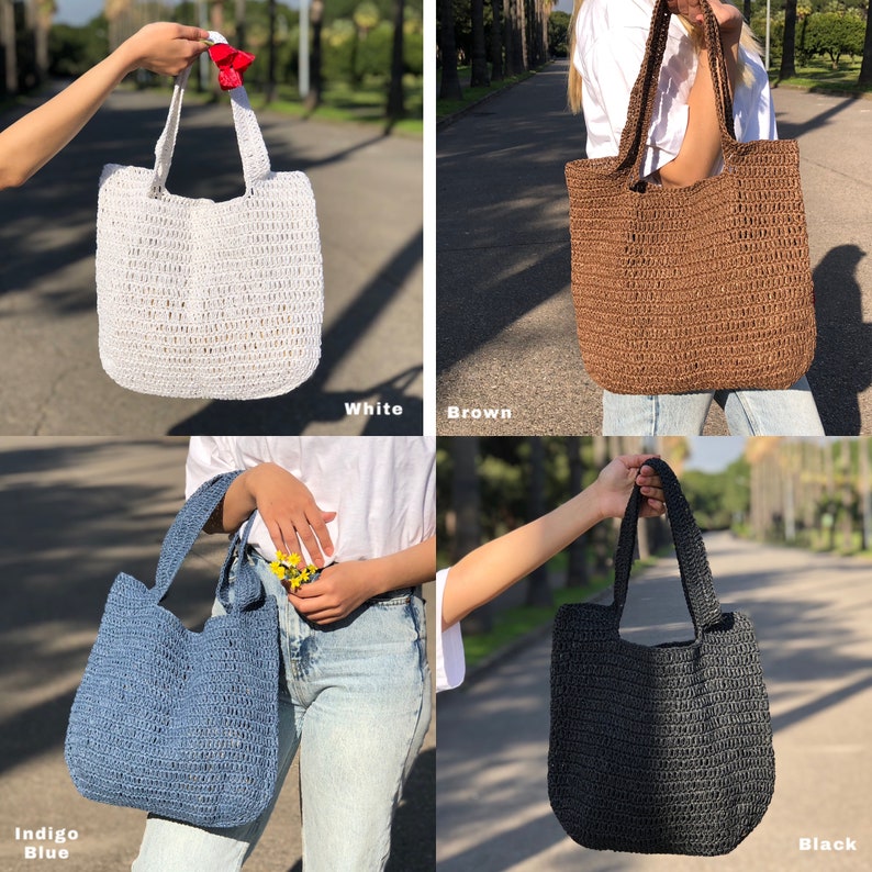 Crochet Raffia Tote Bag, Summer Straw Shopping Bag For Women, Straw Beach Shoulder Bag image 6