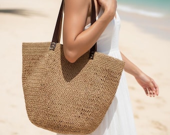 Bolso de ganchillo estilo boho, bolso tote de cuero de verano para mujer, bolso de compras de rafia, bolso de playa tipo cesta de paja