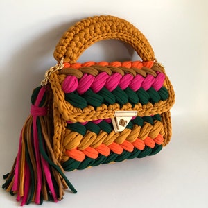 Crochet Multi Color Bag: Hand Woven T-Shirt Yarn Shoulder Bag