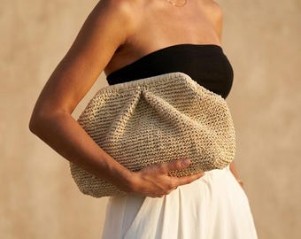 Small Beige Pouch Clutch Bag For Women, Natural Raffia Clutch Bag, Crochet Straw Wedding Bag