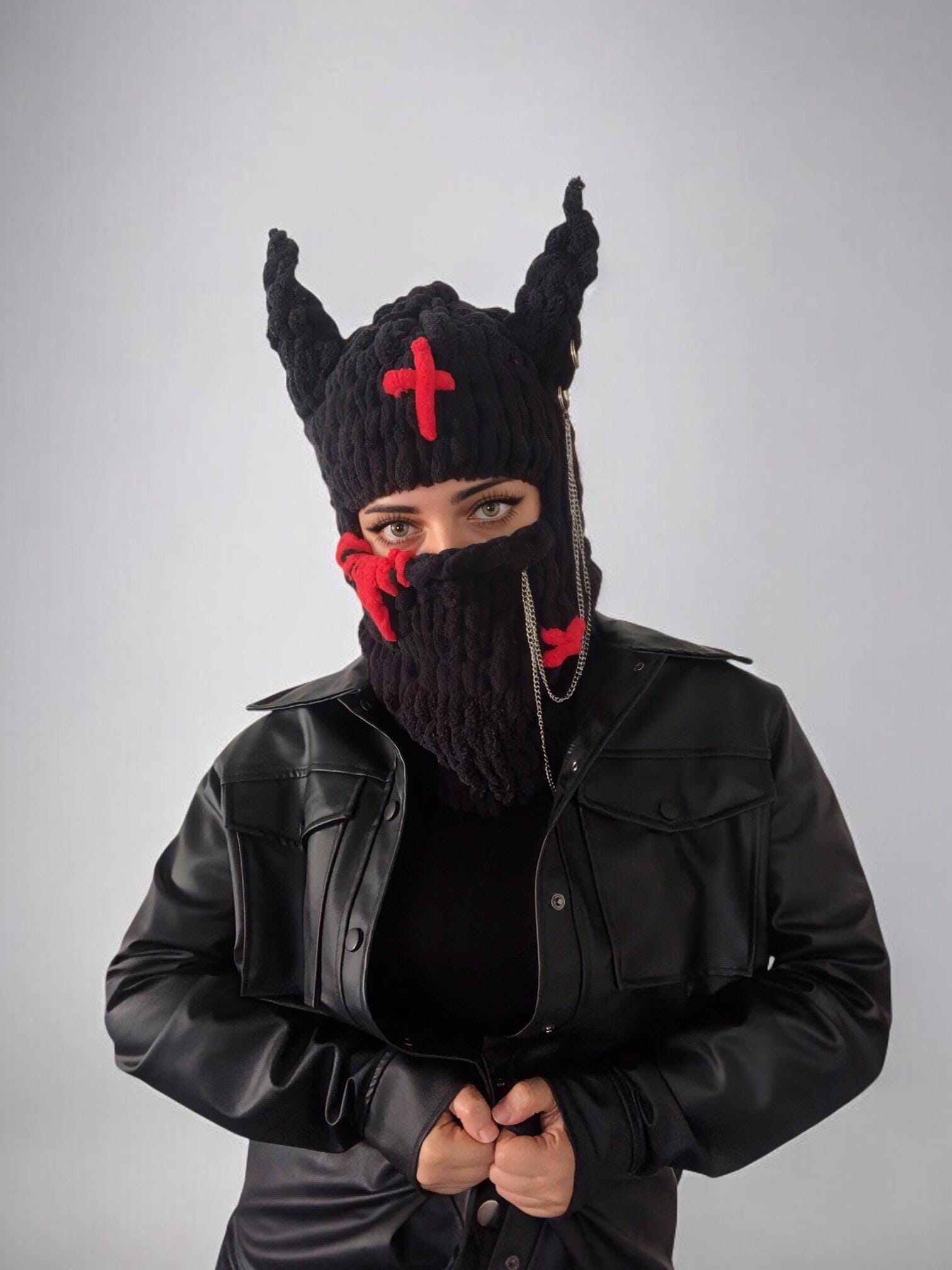 Black Knit Balaclava with Red Horns Devil Horn Hat, Devil Horn Balaclava Face Mask Crochet  main image 3