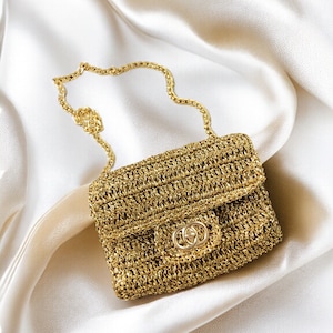 Crochet Gold Raffia Crossbody Clutch Bag, Knitted Metallic Wedding Purse For Women, Luxury Evening Summer Bag, Gold Bridal Clutch Bag zdjęcie 9