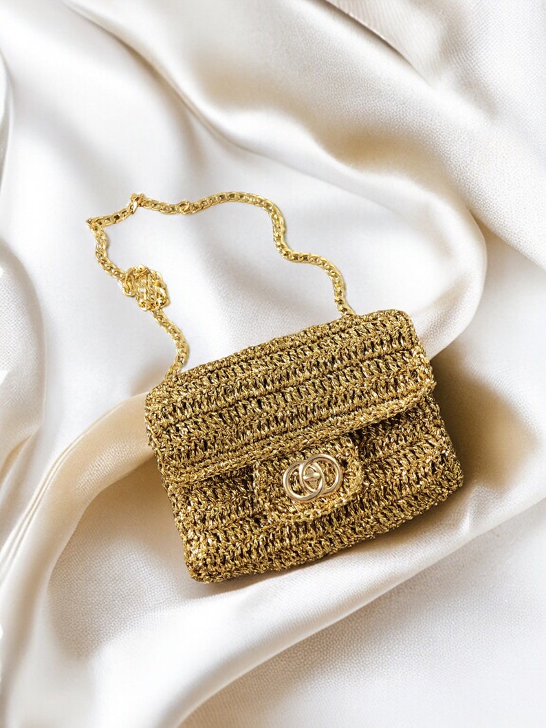 Crochet Gold Raffia Crossbody Clutch Bag, Knitted Metallic Wedding Purse For Women, Luxury Evening Summer Bag, Gold Bridal Clutch Bag zdjęcie 9