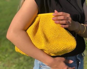 Crochet Yellow Pouch Clutch Bag For Women, Straw Summer Handbag, Woven Straw Knitted Raffia Bag