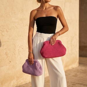 Raffia Fuchsia Clutch Bag, Natural Summer Handbag, Straw Summer Pouch Clutch Bag Lilac