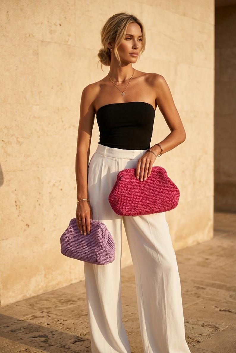 Raffia Fuchsia Clutch Bag, Natural Summer Handbag, Straw Summer Pouch Clutch Bag Lilac