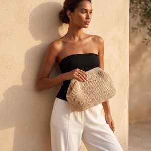 Bolso de mano de rafia de ganchillo, bolso de verano tejido natural, bolso de mano tipo cartera de rafia de paja tejida Beis