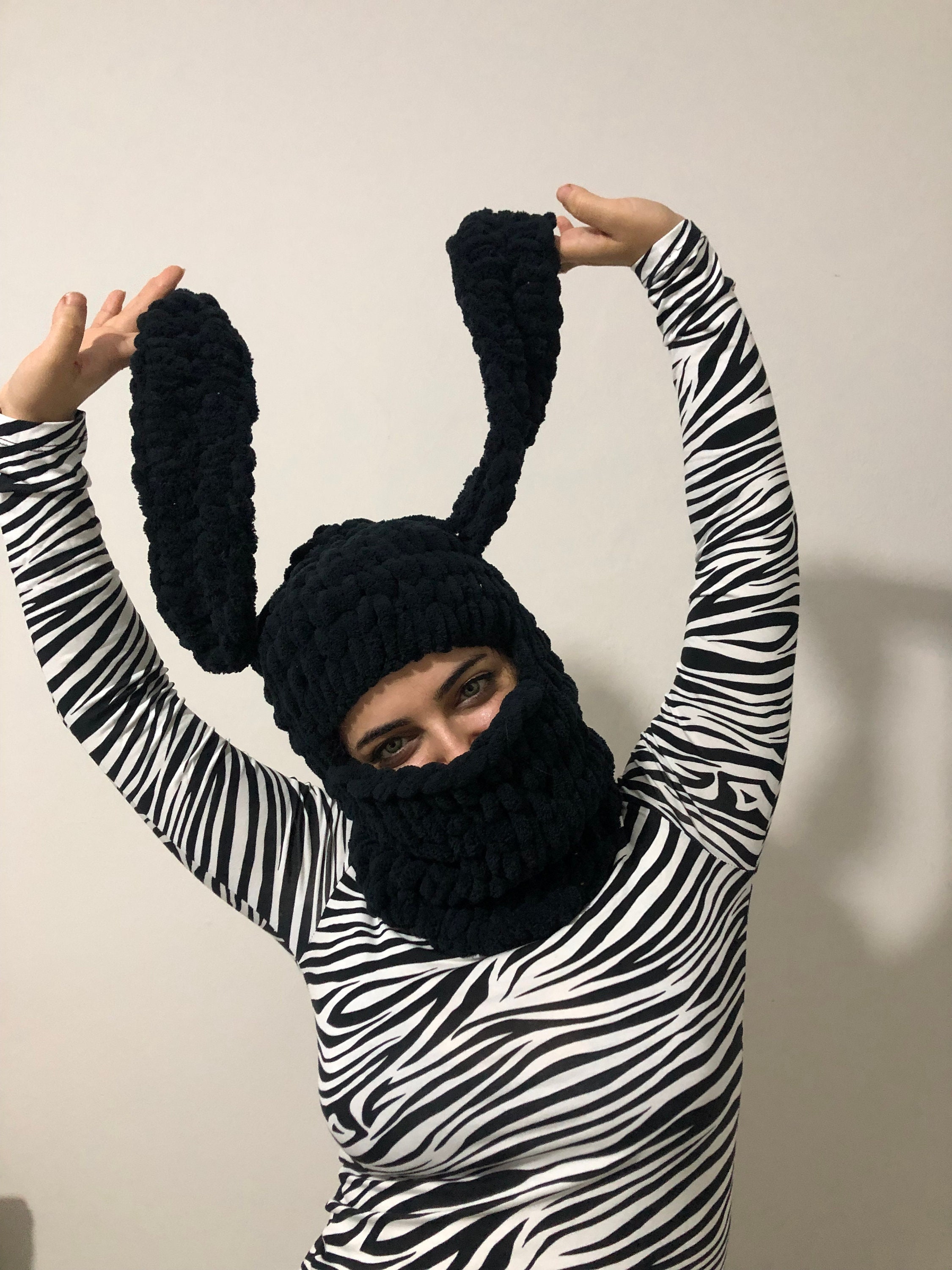 Black Bunny Balaclava Mask, Knitted Ski Mask, Unisex Animal
